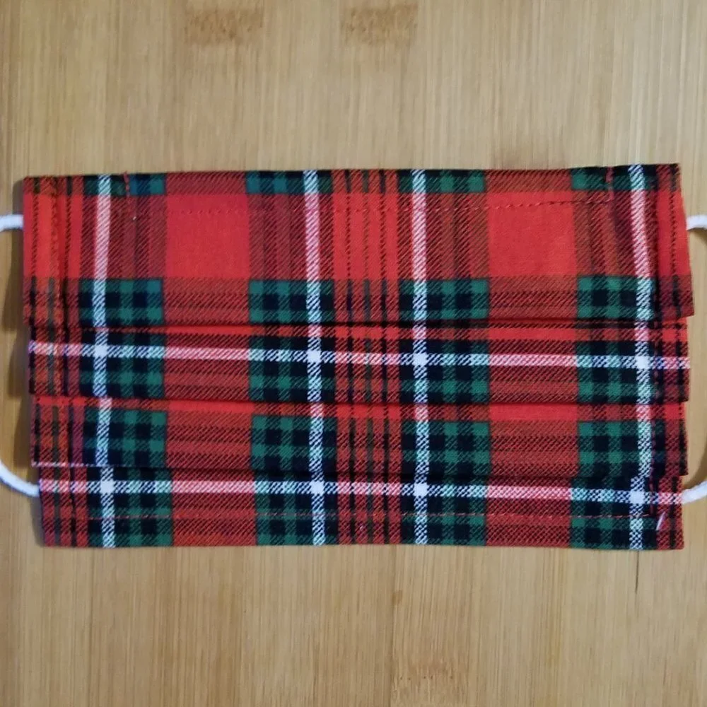 Hand Crafted Face Mask Red Green Christmas Plaid Cotton Kids